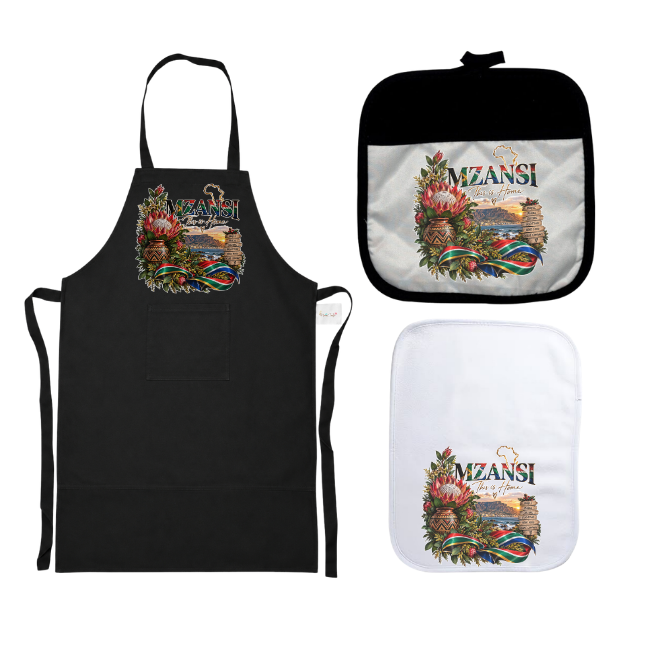Themed Black Apron Set | 3 Piece | Mzansi | This is home