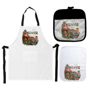 Themed White Apron Set | 3 Piece | Mzansi | This is home