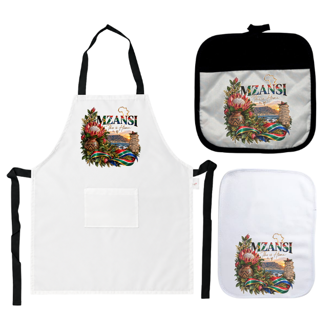 Themed White Apron Set | 3 Piece | Mzansi | This is home